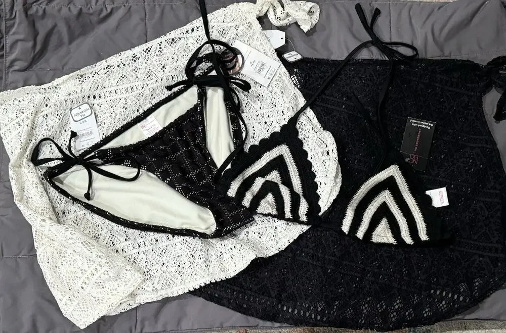 Crochet Black Tie Bikini Bathing Suit Set NWT, BOHO, Swimwear, XL & M